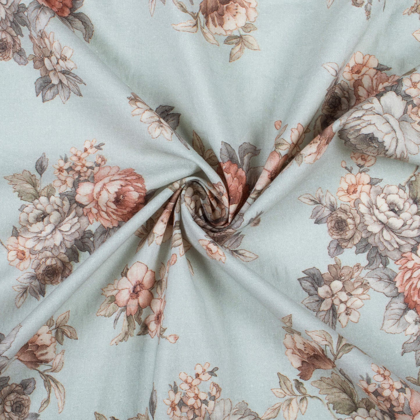 Ash Grey And Pink Floral Digital Print Cotton Cambric Fabric