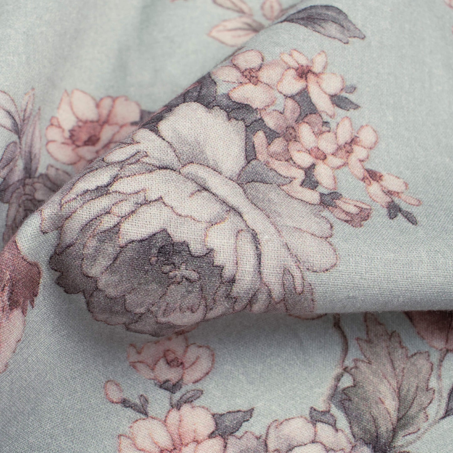 Ash Grey And Pink Floral Digital Print Cotton Cambric Fabric