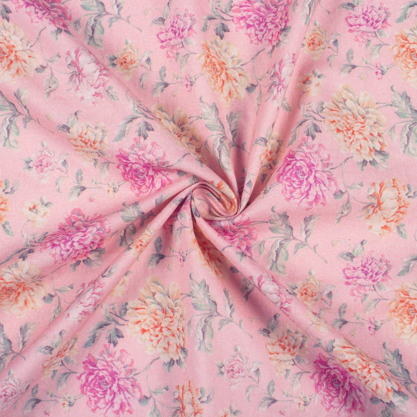 Light Pink And Yellow Floral Digital Print Cotton Cambric Fabric