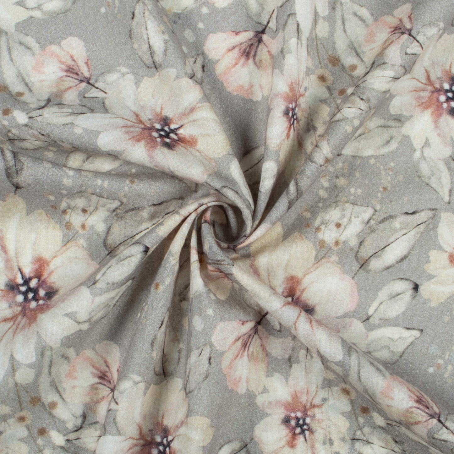 Spanish Grey And Beige Floral Digital Print Cotton Cambric Fabric