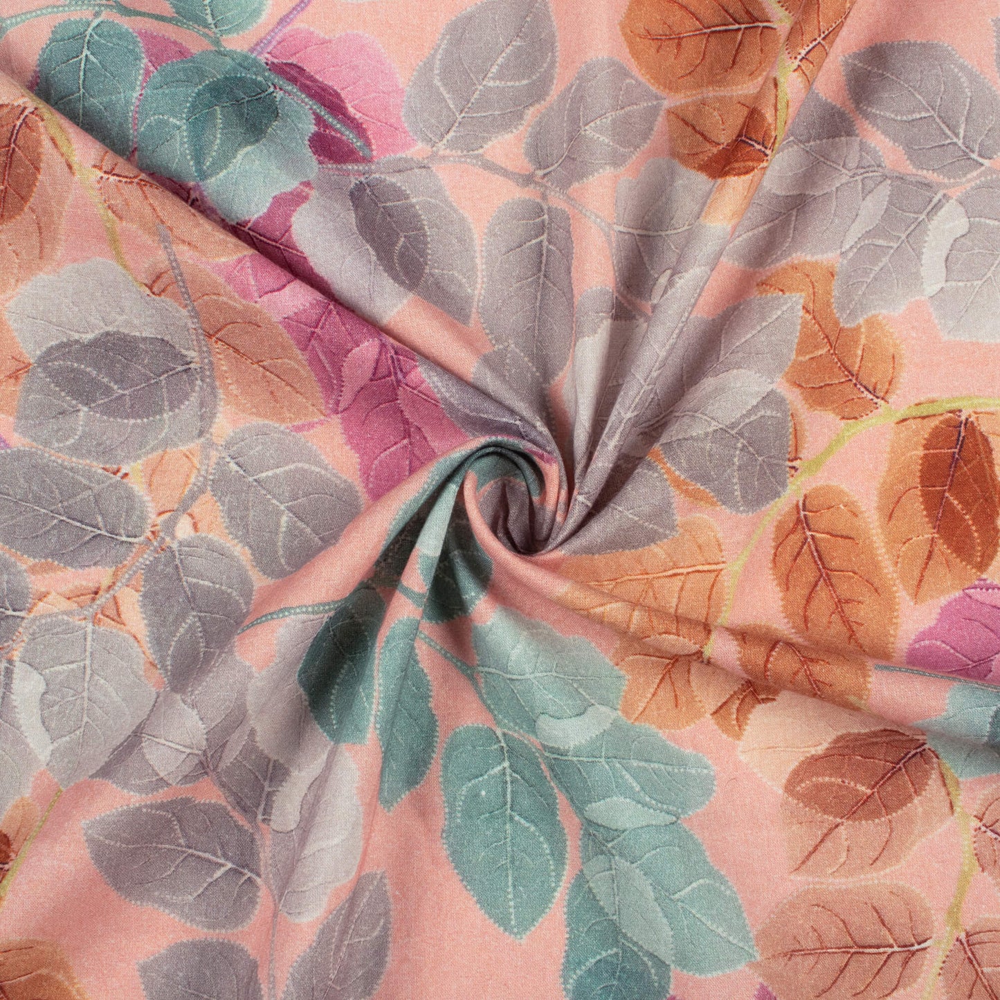 Salmon Pink And Grey Leaf Digital Print Cotton Cambric Fabric