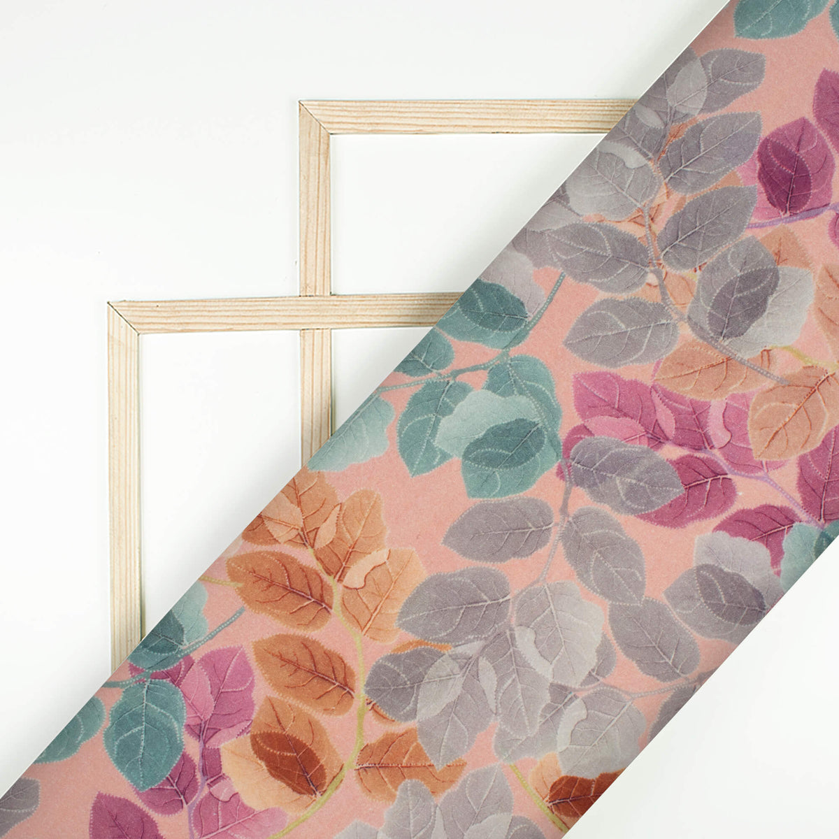 Salmon Pink And Grey Leaf Digital Print Cotton Cambric Fabric