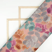 Salmon Pink And Grey Leaf Digital Print Cotton Cambric Fabric