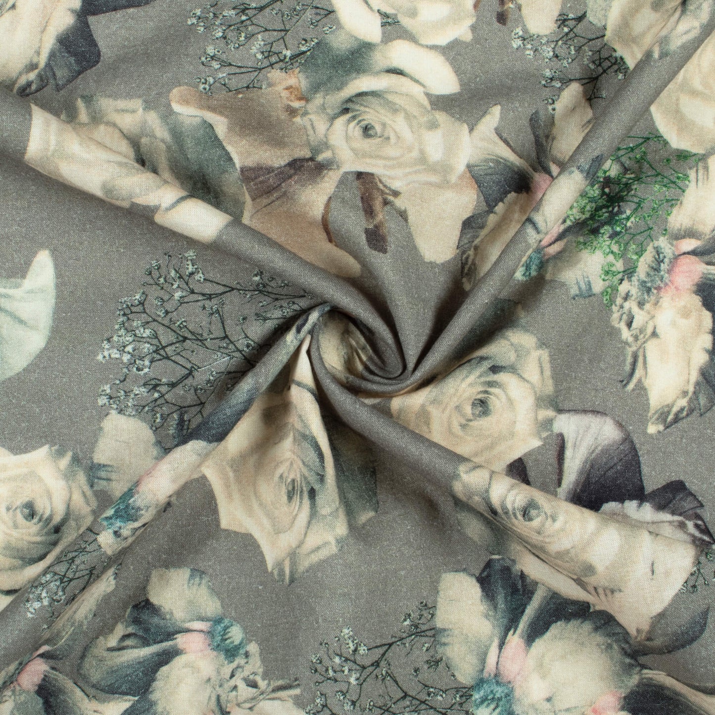 Seal Grey And Cream Floral Digital Print Cotton Cambric Fabric