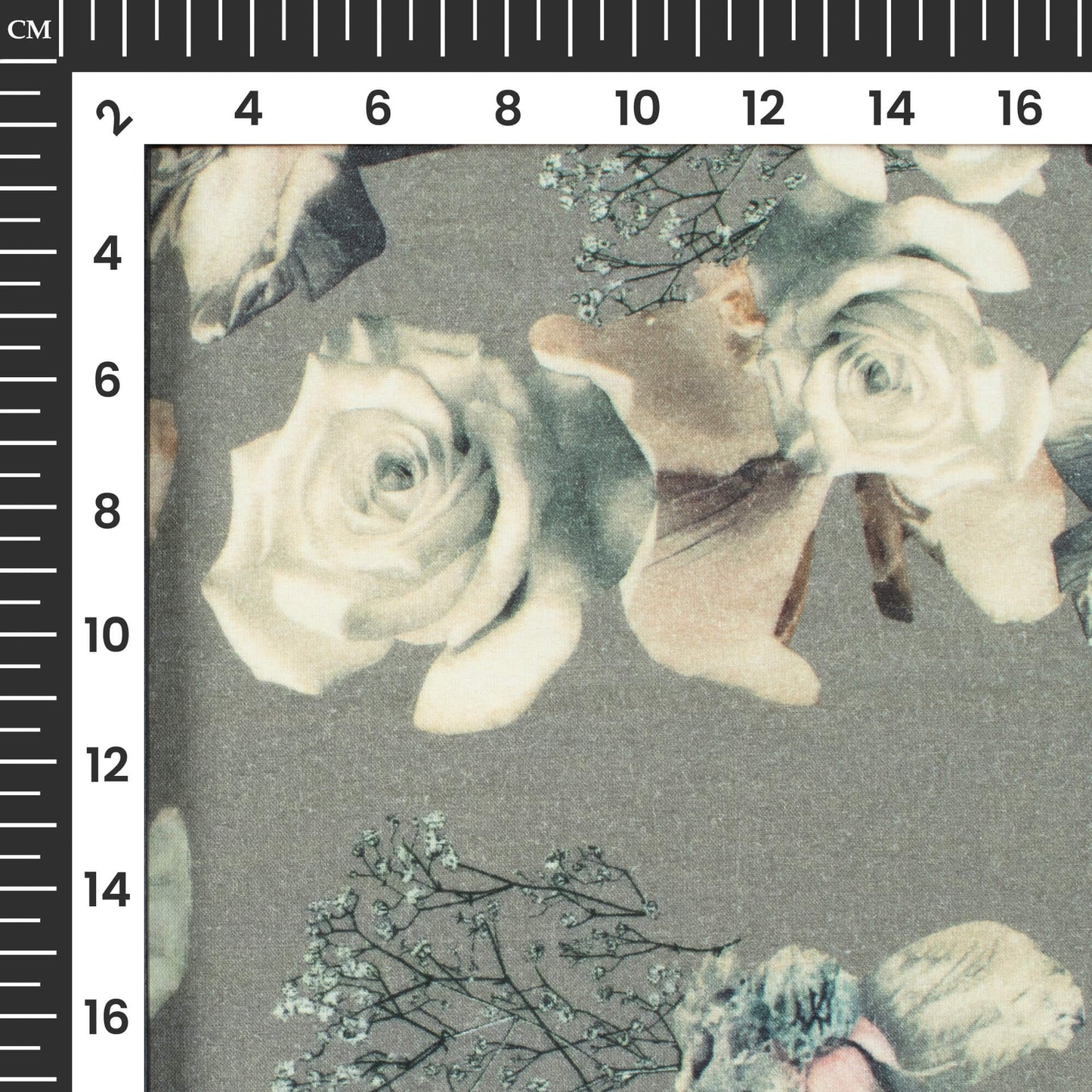 Seal Grey And Cream Floral Digital Print Cotton Cambric Fabric