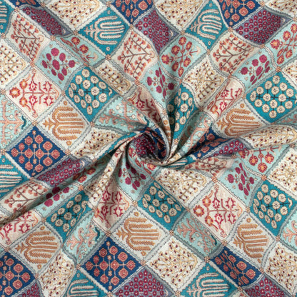 Light Blue And Maroon Floral Digital Print Cotton Cambric Fabric