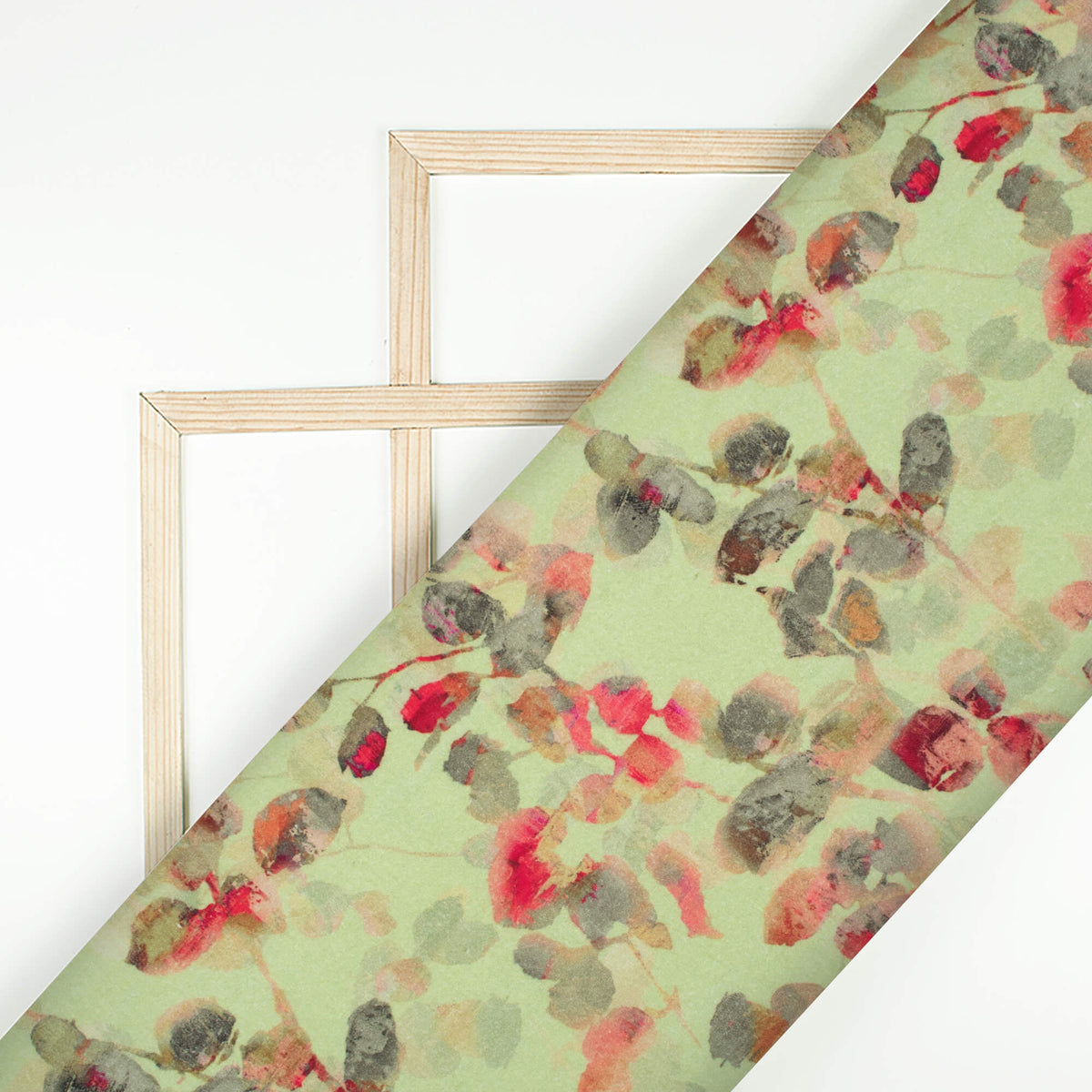 Sage Green And Red Leaf Digital Print Cotton Cambric Fabric