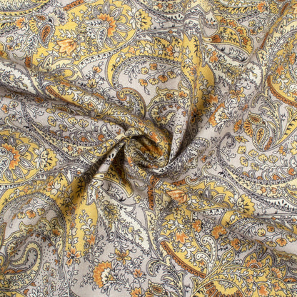 Corn Yellow And Grey Paisely Digital Print Cotton Cambric Fabric