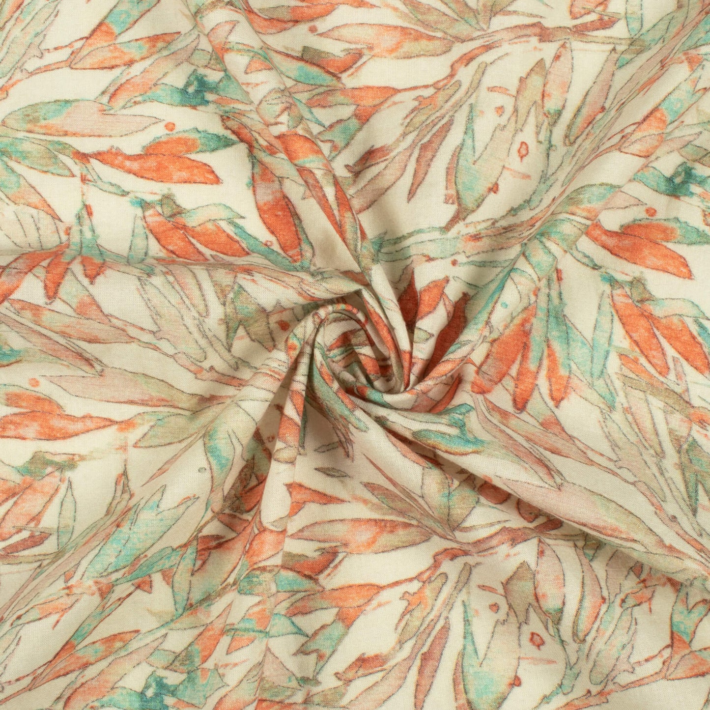 Ivory Cream And Orange Leaf Digital Print Cotton Cambric Fabric