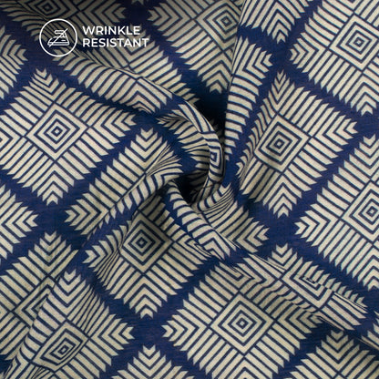 Royal Blue And White Geometric Digital Print Viscose Chanderi Fabric