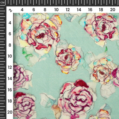 Mint Green And Pink Floral Digital Print Viscose Chanderi Fabric