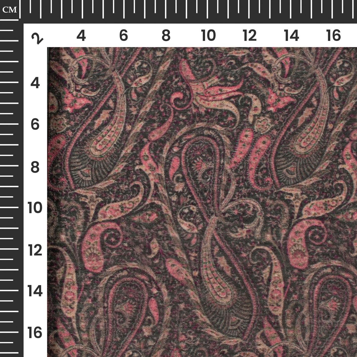 Taffy Pink And Black Paisley Digital Print Viscose Chanderi Fabric