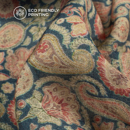 Classic Blue And Peach Paisley Digital Print Viscose Chanderi Fabric