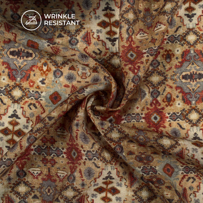 Wheat Beige And Orange Geometric Digital Print Viscose Chanderi Fabric