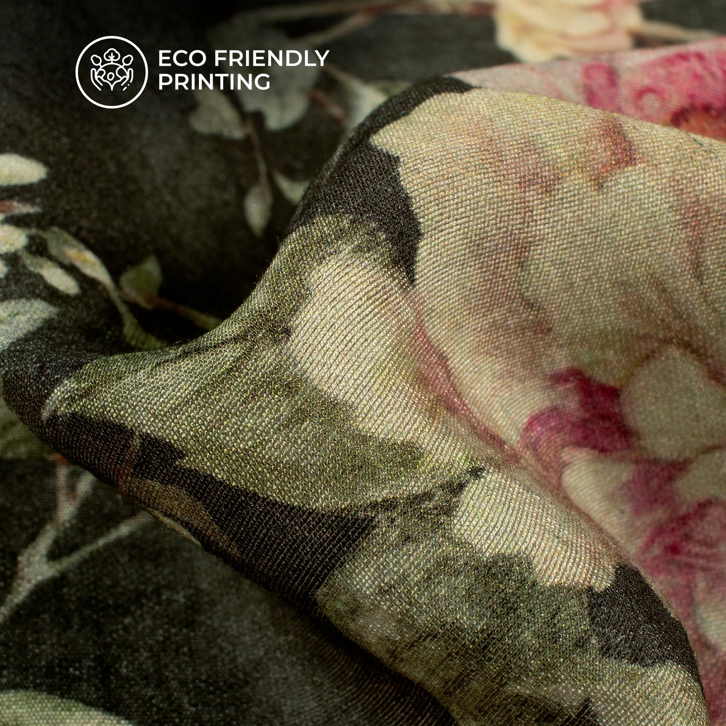 Taffy Pink And Green Floral Digital Print Viscose Chanderi Fabric