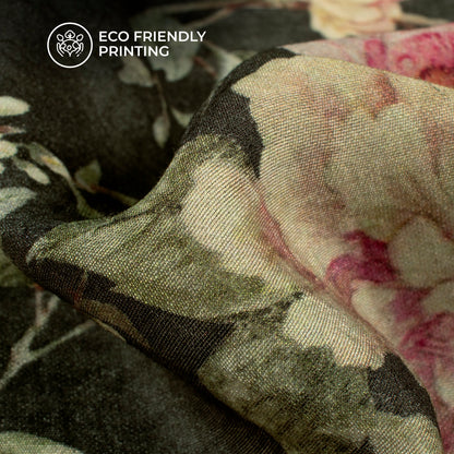 Taffy Pink And Green Floral Digital Print Viscose Chanderi Fabric