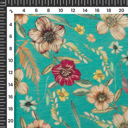 Sky Blue And Pink Floral Digital Print Viscose Chanderi Fabric