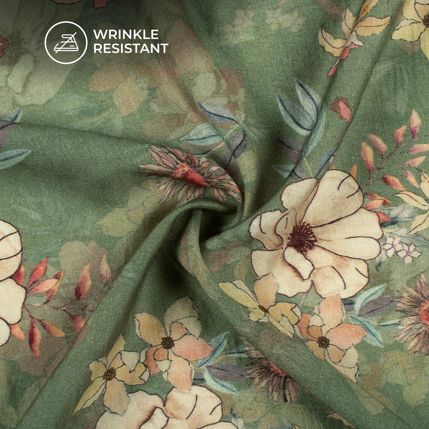 Moss Green And Peach Floral Digital Print Viscose Chanderi Fabric