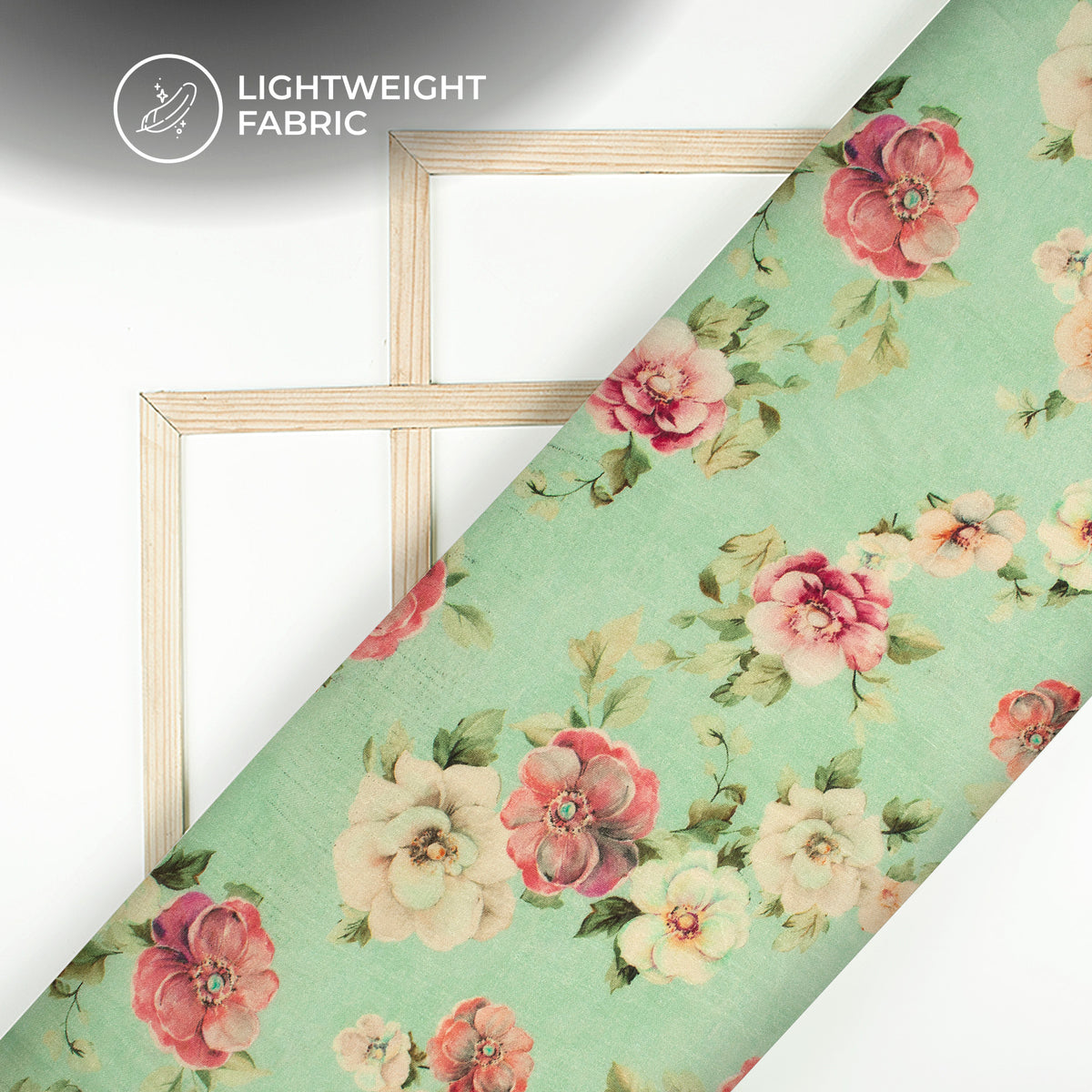 Mint Green And Pink Floral Digital Print Viscose Chanderi Fabric