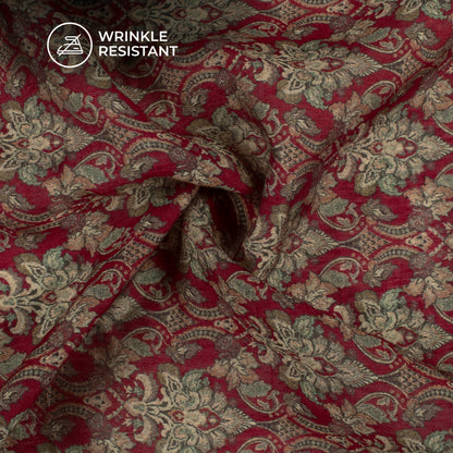 Berry Red And Green Traditional Digital Print Viscose Chanderi Fabric
