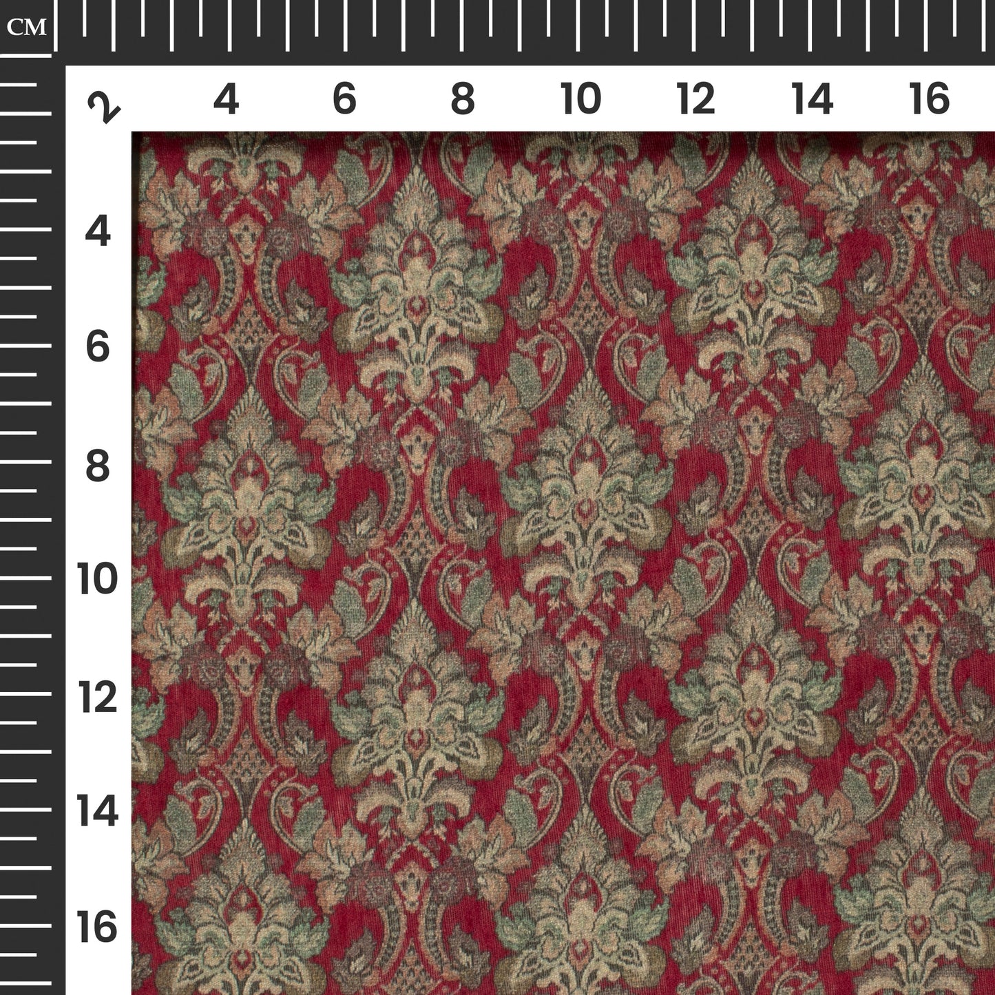 Berry Red And Green Traditional Digital Print Viscose Chanderi Fabric