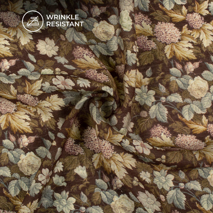 Dark Brown And Beige Floral Digital Print Viscose Chanderi Fabric