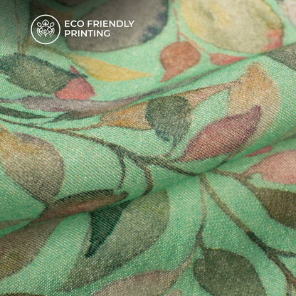 Mint Green And Pink Leaf Digital Print Viscose Chanderi Fabric