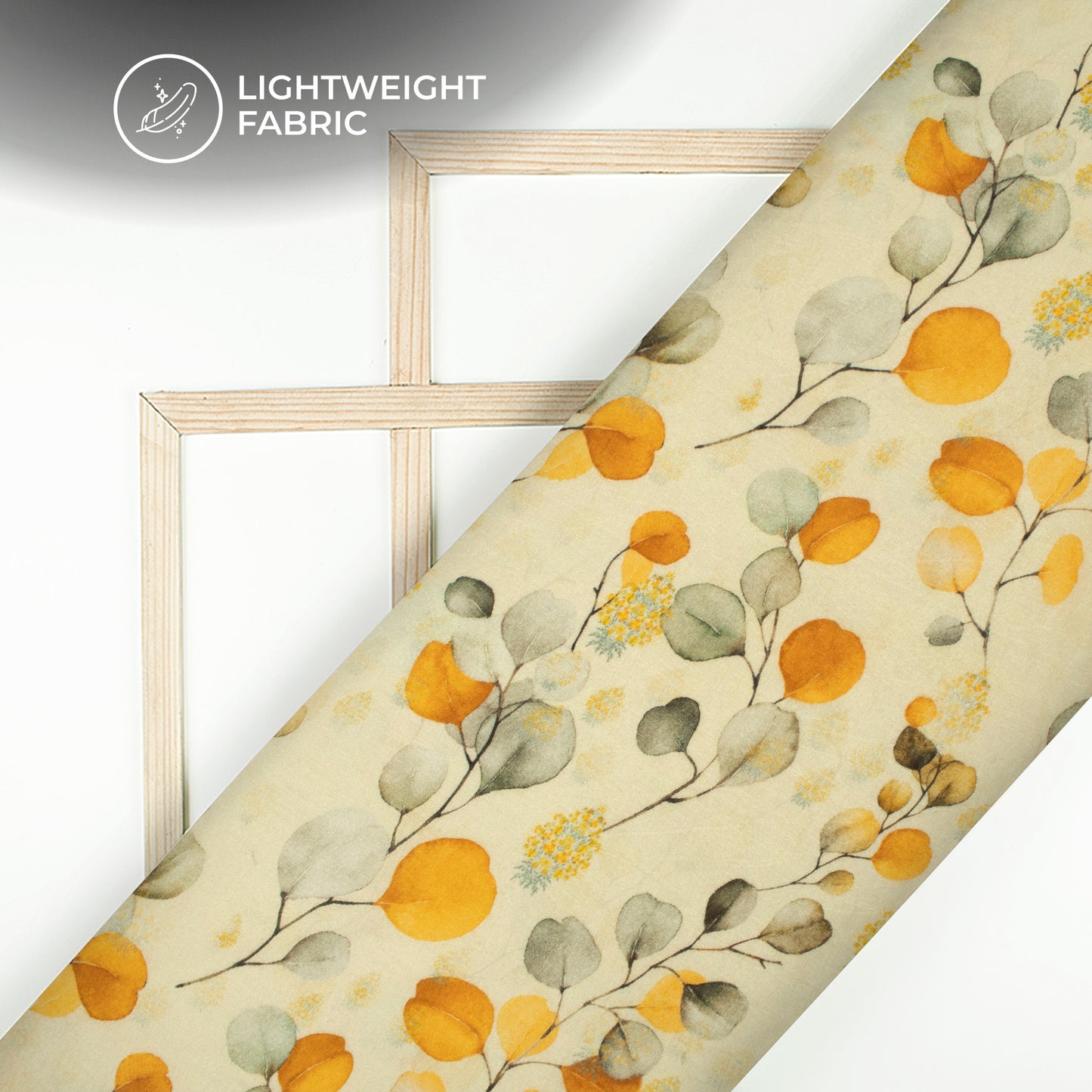 Gold Yellow And Beige Leaf Digital Print Viscose Chanderi Fabric