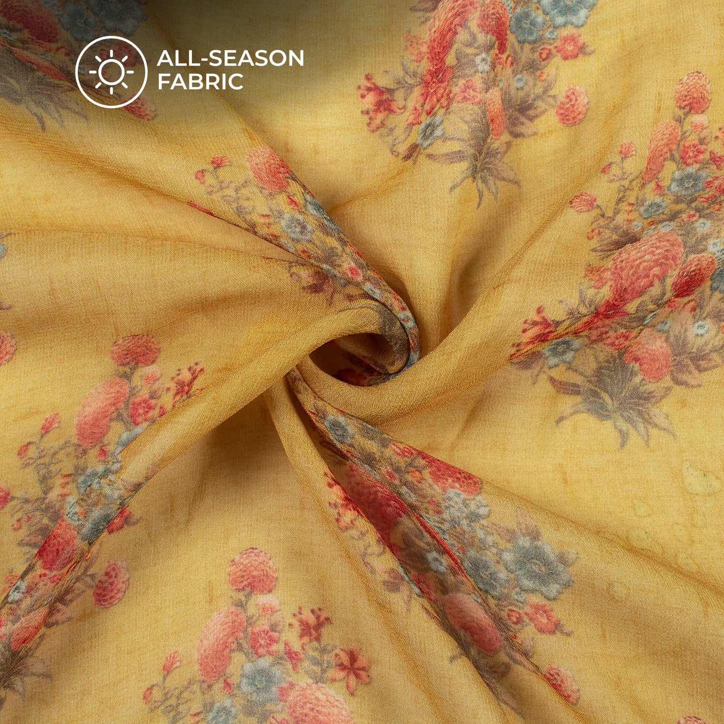 Flaxen Yellow And Peach Floral Digital Print Pure Georgette Fabric