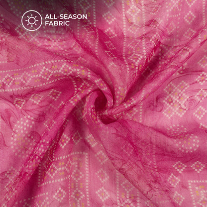 Hot Pink And White Bandhanii Digital Print Pure Georgette Fabric