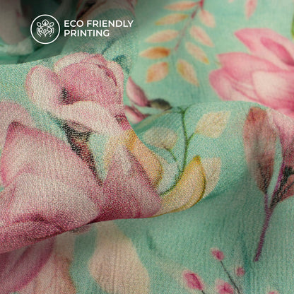 Mint Green And Pink Floral Digital Print Pure Georgette Fabric