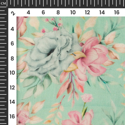 Mint Green And Pink Floral Digital Print Pure Georgette Fabric