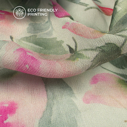 Tea Green And Pink Floral Digital Print Pure Georgette Fabric