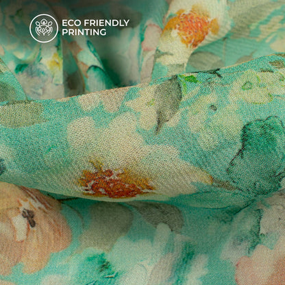 Turquoise Blue And Beige Floral Digital Print Pure Georgette Fabric