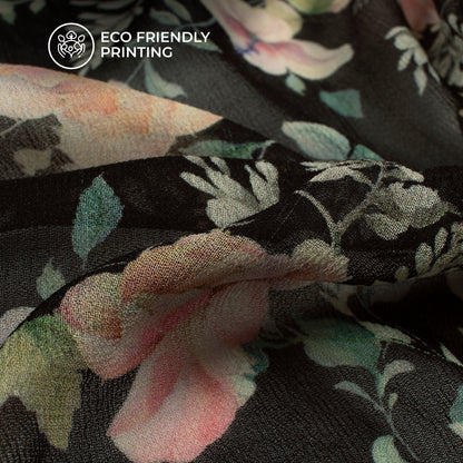 Oyster Beige And Black Floral Digital Print Pure Georgette Fabric