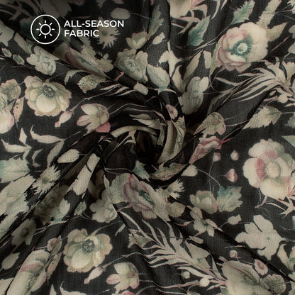 Ivory Cream And Black Floral Digital Print Pure Georgette Fabric