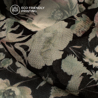 Ivory Cream And Black Floral Digital Print Pure Georgette Fabric