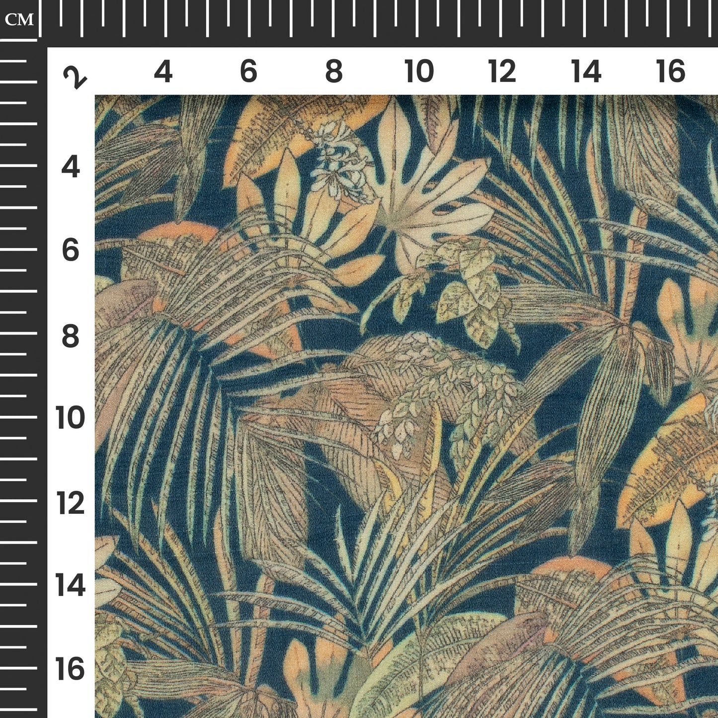 Prussian Blue And Peach Tropical Digital Print Pure Georgette Fabric