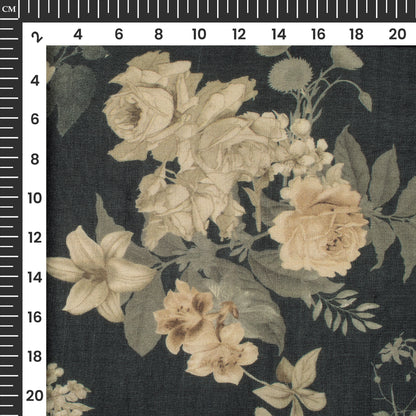 Dark Teal Blue And Beige Floral Digital Print Pure Georgette Fabric