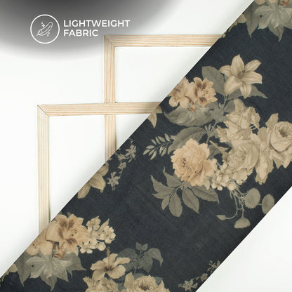 Dark Teal Blue And Beige Floral Digital Print Pure Georgette Fabric