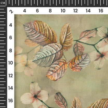 Sage Green And Yellow Leaf Digital Print Pure Georgette Fabric