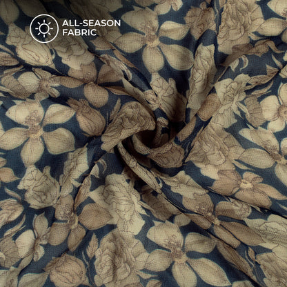 Navy Blue And Beige Floral Digital Print Pure Georgette Fabric