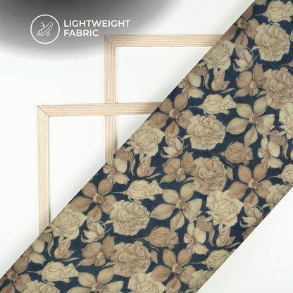 Navy Blue And Beige Floral Digital Print Pure Georgette Fabric
