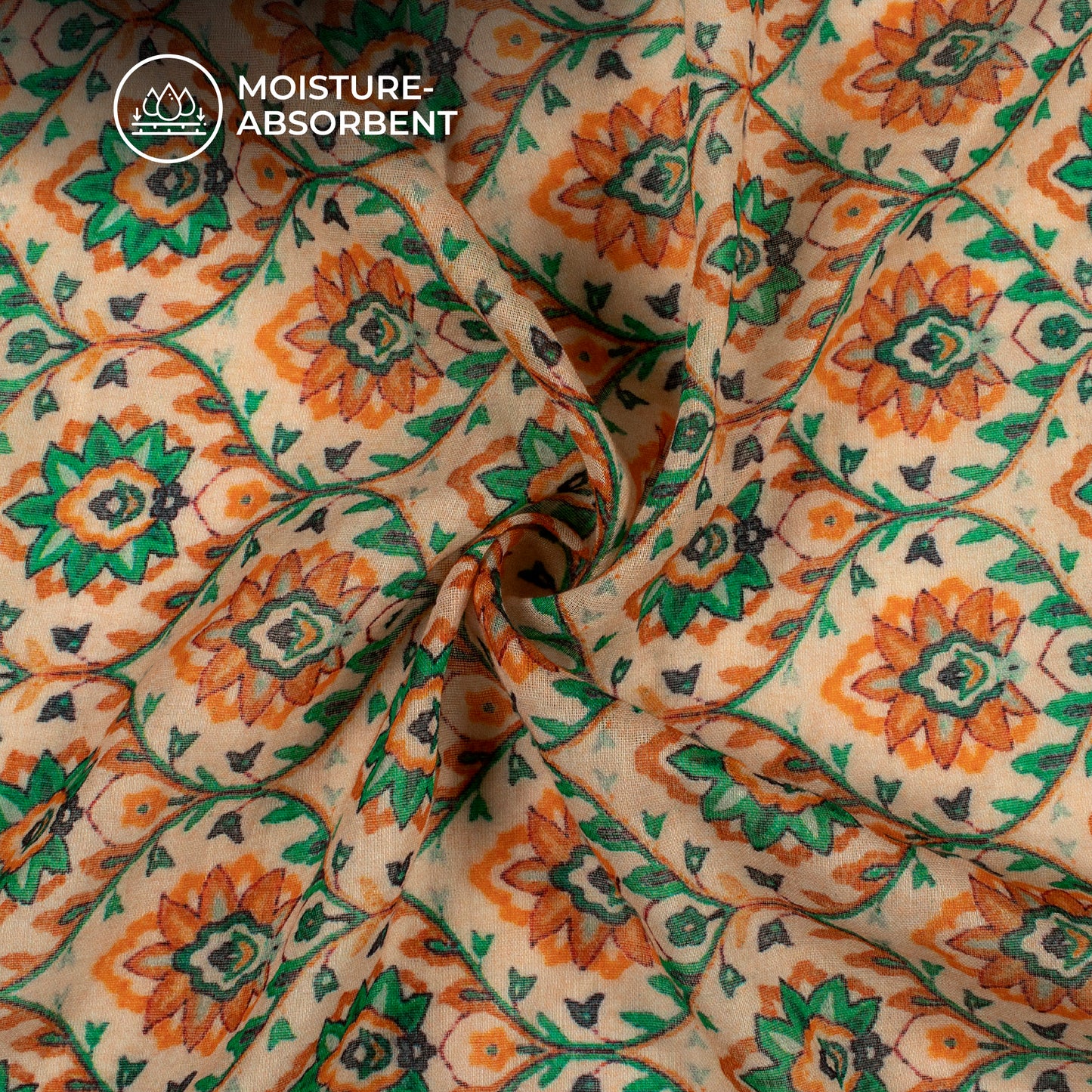 Exclusive Pale Orange And Green Floral Digital Print Pure Cotton Mulmul Fabric