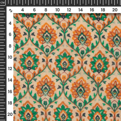 Exclusive Pale Orange And Green Floral Digital Print Pure Cotton Mulmul Fabric