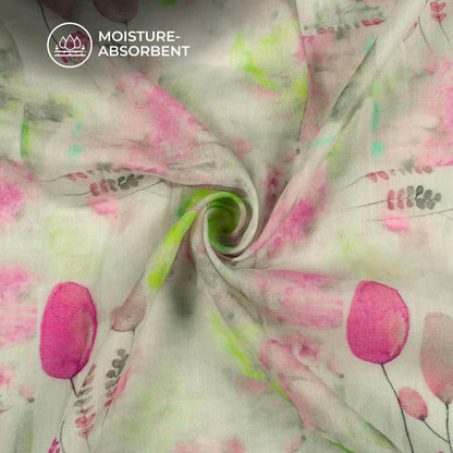 Taffy Pink And White Leaf Digital Print Pure Cotton Mulmul Fabric