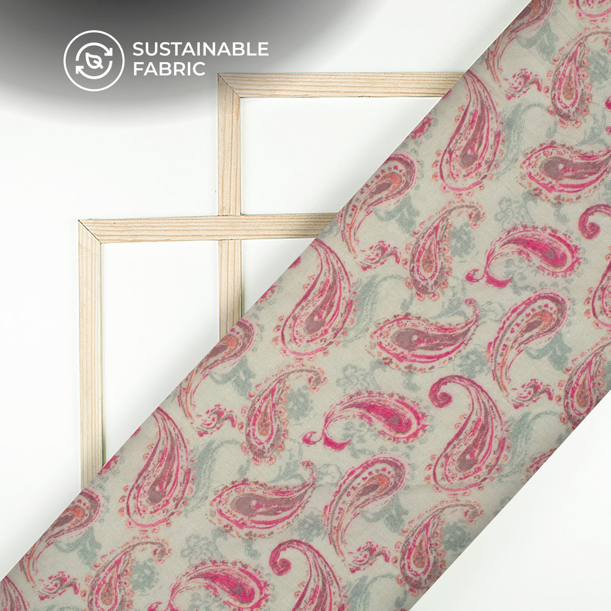 Magenta Pink And Grey Paisley Digital Print Pure Cotton Mulmul Fabric