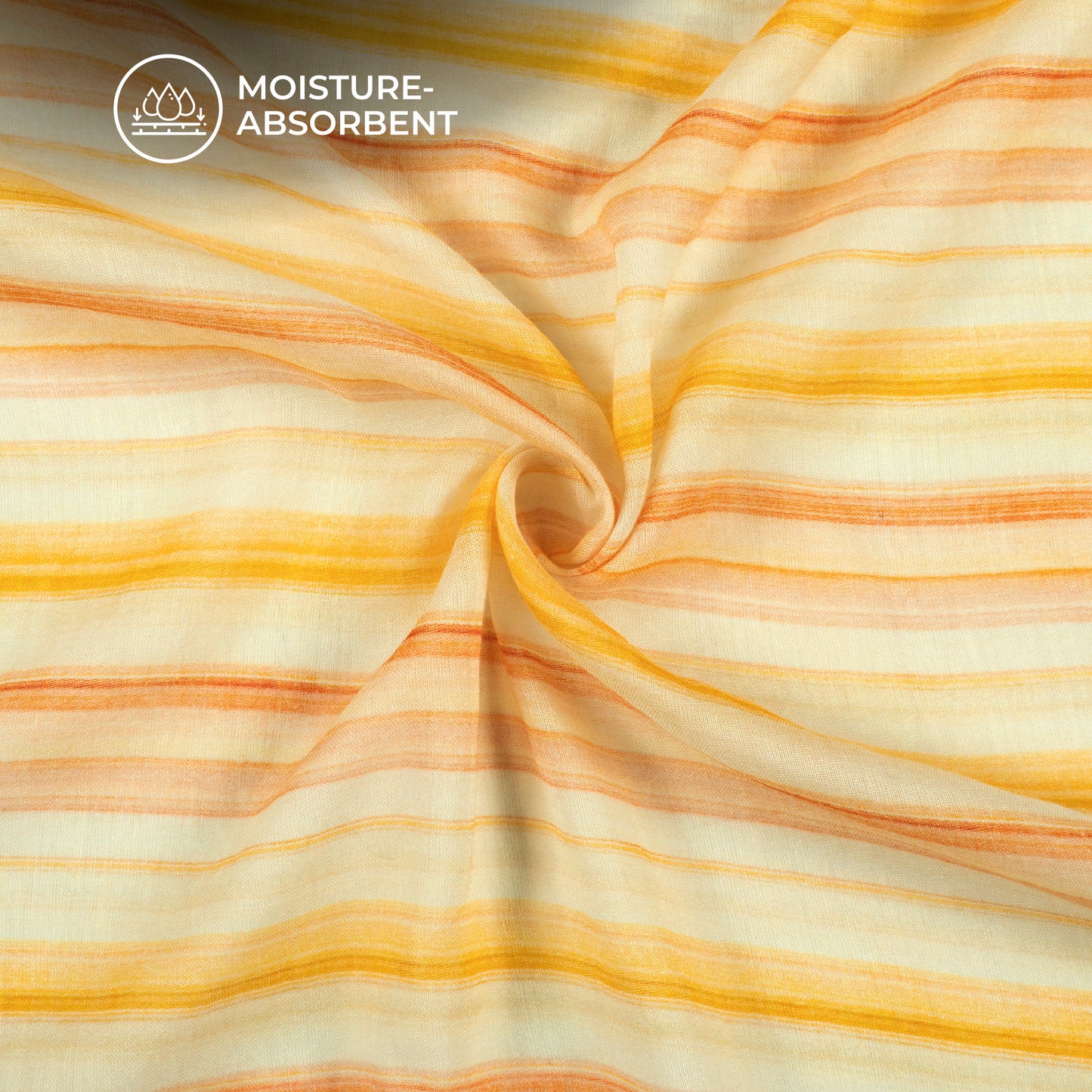 Perchment Beige And Yellow Stripes Digital Print Pure Cotton Mulmul Fabric
