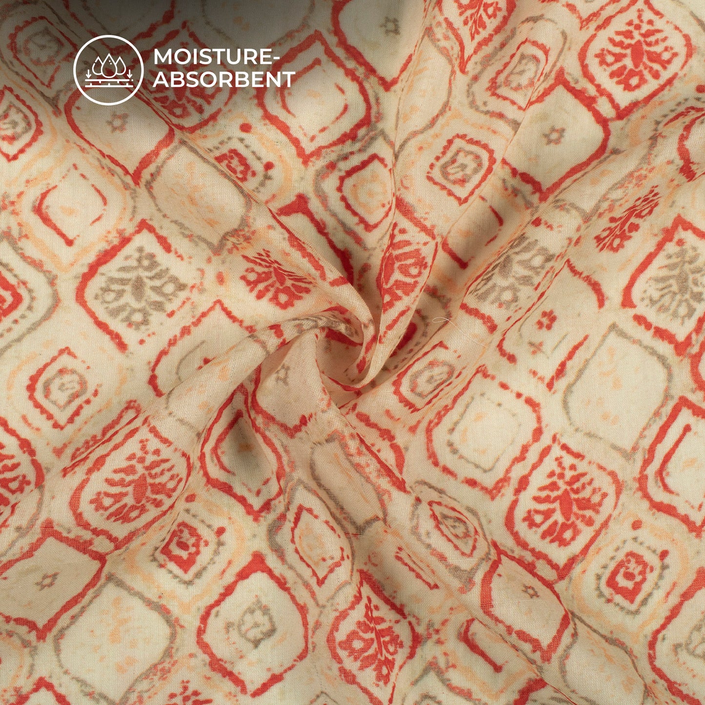 Fire Orange And Beige Geometric Digital Print Pure Cotton Mulmul Fabric