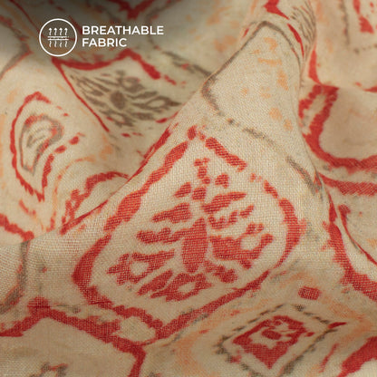 Fire Orange And Beige Geometric Digital Print Pure Cotton Mulmul Fabric